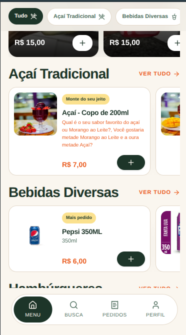 Storefront view on mobile — AçaíShow menu
